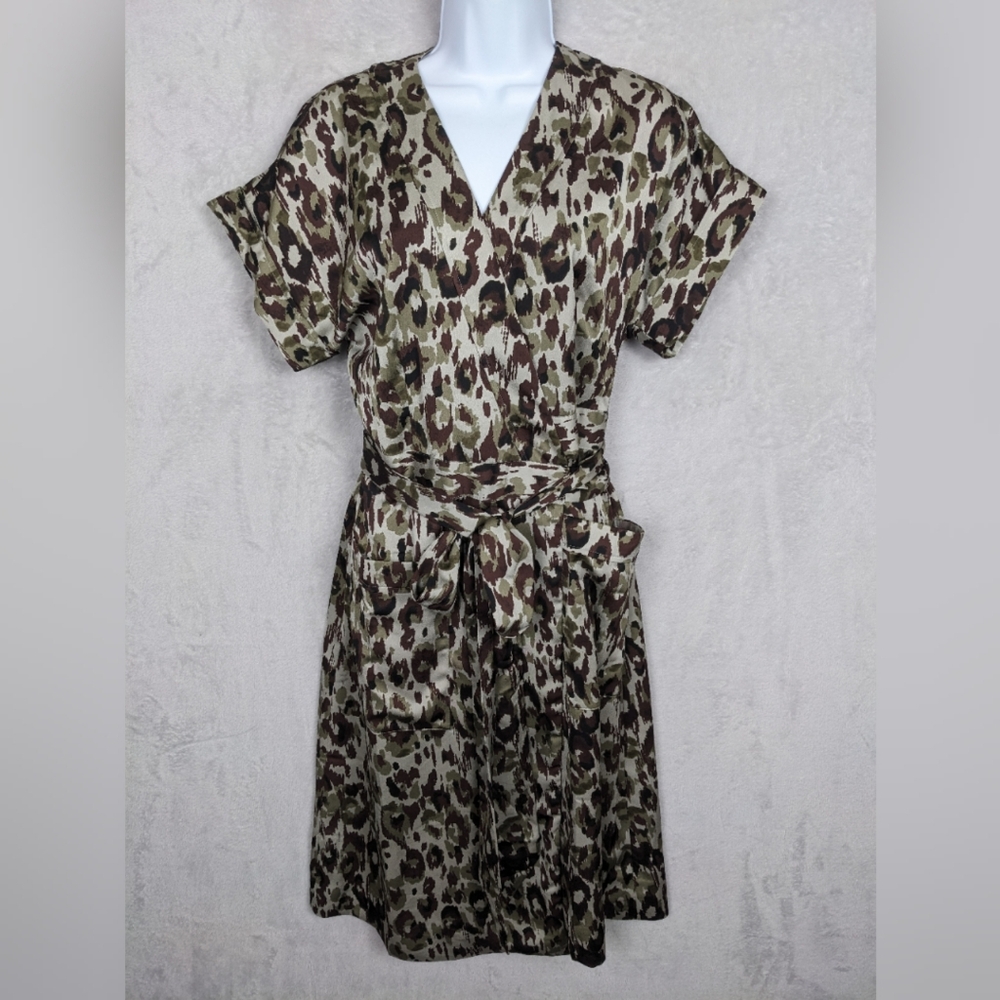 NWT J Crew Wrap Dress Women Med Brown Leopard Satin Crepe Short Sleeve Mobwife